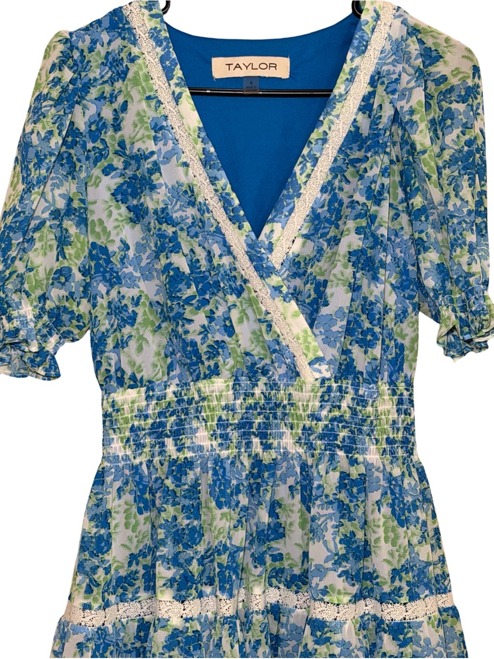 TAYLOR Vibrant Blue Floral Print Tiered Smocked Lace Trim V-Neck Babydoll Dress  - Picture 3 of 12